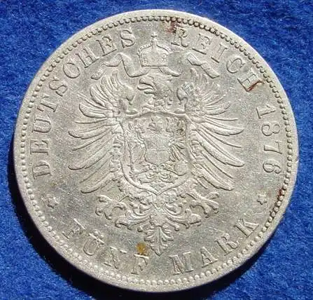 () Kaiserreich, Preussen 5 Mark 1876-B, Reichsmark, Silbermuenze