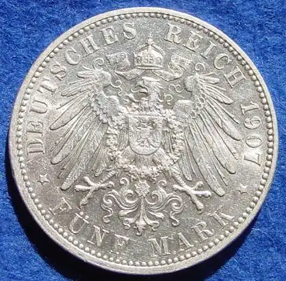 () Kaiserreich, Sachsen 5 Mark 1907, Reichsmark, Silbermuenze, Friedrich August Koenig von Sachsen