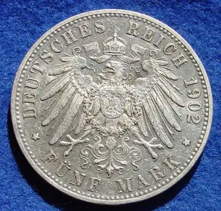 () Kaiserreich, Wuerttemberg 5 Mark 1902, Reichsmark, Silbermuenze, Jaeger Nr. 176, guter Zustand