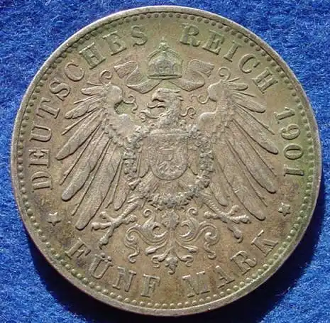 () Deutsches Kaiserreich, Wuerttemberg 5 Mark 1901-F, Reichsmark, schwere Silbermuenze