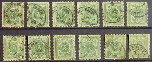 (1045991) Deutsches Reich, kleine Partie 12 gebrauchte Marken je 3 Pfennige, gestempelt, siehe bitte Bild