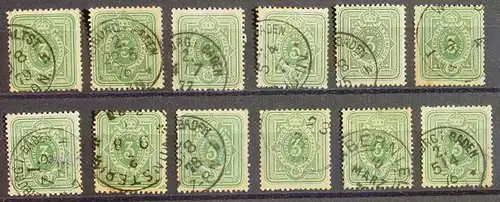 (1045992) Deutsches Reich, kleine Partie 12 gebrauchte Marken je 3 Pfennige, gestempelt, siehe bitte Bild