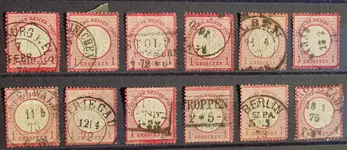 (1045997) Deutsches Reich, kleine Partie 12 gebrauchte Marken je 1 Groschen, gestempelt, siehe bitte Bild u. Beschreibung