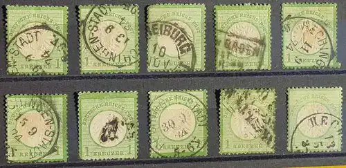 (1045999) Deutsches Reich, kleine Partie 10 gebrauchte Marken je 1 Kreuzer, gestempelt, siehe bitte Bild u. Beschreibung