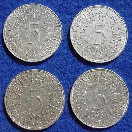 (1043205) 4 x 5 DM 1964 - D. Kursmuenzen. 4 Silbermuenzen. Deutschland