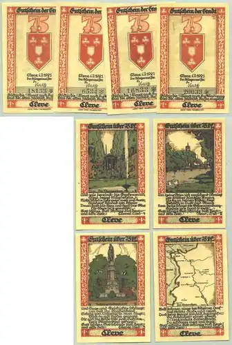 Cleve, 4 x 75 Pfennig Gutscheine 1921 () # Serienscheine # Verkehrsausgaben