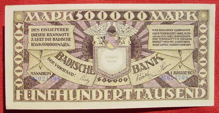 1045114 Badische Bank Mannheim 500 Tausend Mark Vom 1 August 1923 Sehr Gut Erhalten Siehe Originalbilder Nr 5154 Oldthing Notgeldscheine
