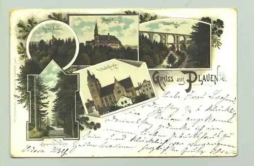 (intern : 08523-011) Ansichtskarte "Gruss aus Plauen i. V." Beschrieben u. postalisch gelaufen mit Marke u. Stempel v. 1897
