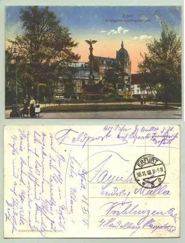 Erfurt 1918 (intern : 1025084)  Ansichtskarte. Erfurt - Kirschgarten mit Kriegerdenkmal