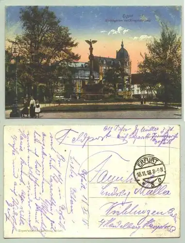 Erfurt 1918 (intern : )  Ansichtskarte. Erfurt - Kirschgarten mit Kriegerdenkmal