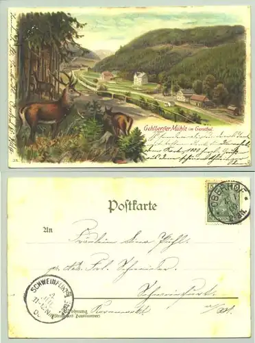 (intern 98559-011) Ansichtskarte "Gehlberger Mühle im Gerathal" Thüringen. Marke u. Stempel v. 1900. Lith. u. Druck v. Wezel & Naumann, Leipzig