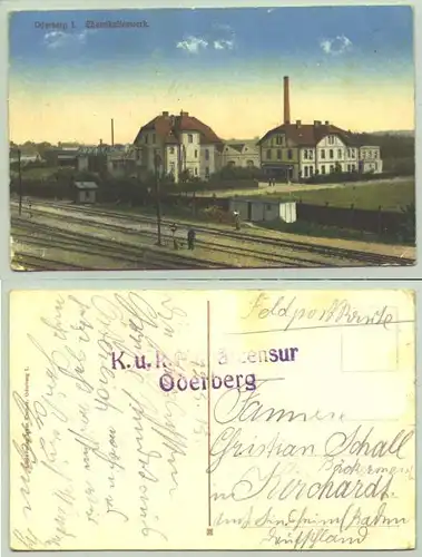 Oderberg ()  Etwas mehr gebrauchte Ansichtskarte. Oderberg I. Chemikalienwerk. Heute : Tschechische Republik ? Postalisch nicht gelaufen, aber beschrieben 1915 mit militaer. Zensurstempel