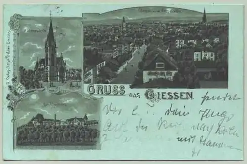 (intern : 35390-011)   Ansichtskarte. Gruss aus Giessen. Schwarz-blau-gruene Mondscheinkarte, mit Marke u. Stempel v. 1898