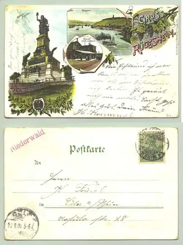 (65 385-021 / 0081593) Mehrfarbige Ansichtskarte "Gruß aus Rüdesheim" 1901