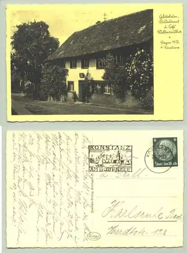 () Ansichtskarte. Gasthaus Wellenreuther. Hegne am Bodensee bei Konstanz. 1933. PLZ-Bereich pauschal 78476