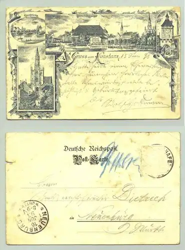 () Konstanz. Sehr alte Ansichtskarte von 1893 ! Starke Gebrauchsspuren, Marke geloest