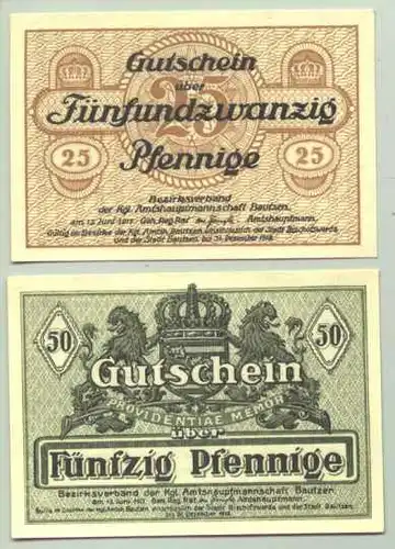 Bautzen () Notgeld / zwei Gutscheine Bautzen 1917. Sehr guter Zustand. Fuer Heimatsammler = PLZ-Bereich : 02625