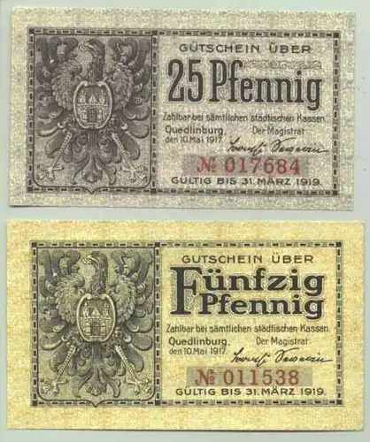 Quedlinburg. Kriegs-Notgeld () Beide Gutscheine v. 10. Mai 1917. Sehr guter Zustand. Fuer Heimatsammler = PLZ-Bereich : 06484