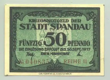 (1028646) Spandau. Kriegs-Notgeld 1917. Sehr guter Zustand