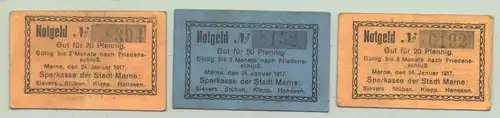 () 3 x Notgeld 1917. Sparkasse der Stadt Marne. 2 x 20 Pf. u. 1 x 50 Pfennig