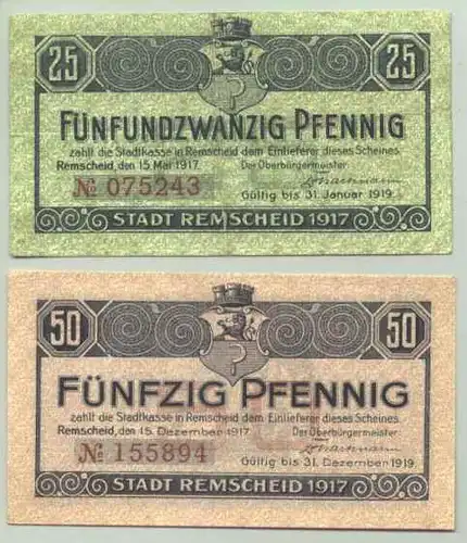 () Remscheid. Zwei Geldscheine / Notgeld / Gutschein v. 1917