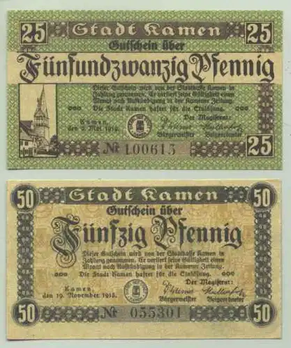 Kamen. Notgeld 2 x 1918-19 (1028628) Zwei Geldscheine / Notgeld / Gutschein v. 1918 u. 1919. Guter Zustand. Fuer Heimatsammler = PLZ-Bereich : 59174