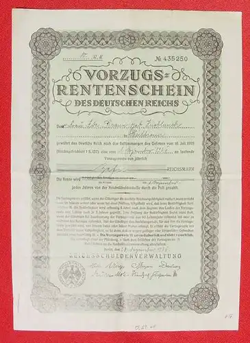 Aktie / Rentenschein, Berlin 1926 (2002665) "Vorzugs-Rentenschein des Deutschen Reiches"  Ausgabe:  Reichsschuldenverwaltung, Berlin