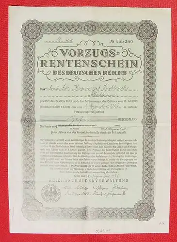 Aktie / Rentenschein, Berlin 1926 () "Vorzugs-Rentenschein des Deutschen Reiches"  Ausgabe:  Reichsschuldenverwaltung, Berlin