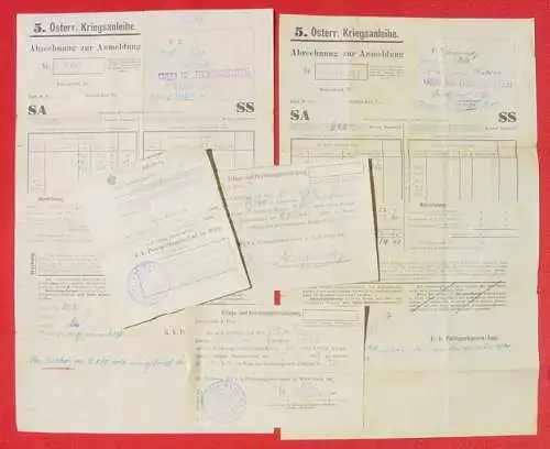 Neu : Versandkosten ab Euro 2,20 () Kleine Partie von 5 Belegen : a) 2 grosse ausgefüllte Formulare der Kriegsanleihen-Zeichnungsstelle für die 5. Österr. Kriegsanleihe über je 600 Kronen von 1917.   b) 3 Einzahlungsquittungen für 5. u. 6....
