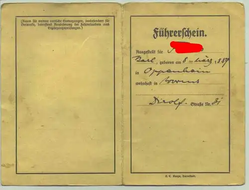 (2001080) Sehr schoener alter Fuehrerschein fuer die Kraftwagenklasse 3a. Ausgestellt in Worms (Volksstaat Hessen) am 9.10.1924