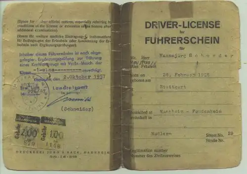 (2001076) Führerschein fuer Klasse 3. Zweisprachiges Formular / engl. + deutsch. Ausgestellt : Mannheim 22. 7. 1946