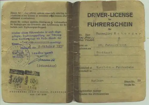 () Führerschein fuer Klasse 3. Zweisprachiges Formular / engl. + deutsch. Ausgestellt : Mannheim 22. 7. 1946