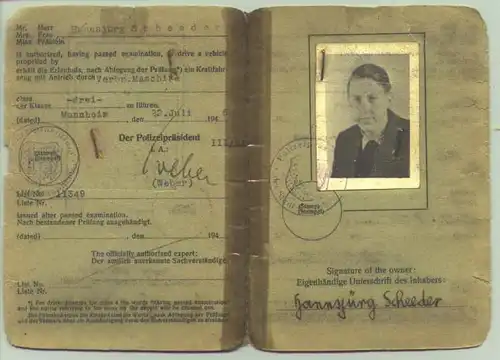 () Führerschein fuer Klasse 3. Zweisprachiges Formular / engl. + deutsch. Ausgestellt : Mannheim 22. 7. 1946