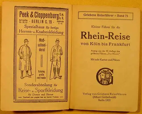 () Griebens Reiseführer, Band 75 'Kleiner Führer für die Rhein-Reise v. Köln bis Frankfurt'. Ausgabe 1922