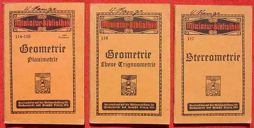 () Drei Buechlein der Reihe Miniatur-Bibliothek zum Thema Geometrie u. ae. ... Verlag fuer Kunst u. Wissenschaft, Albert Otto Paul, Leipzig um 1914