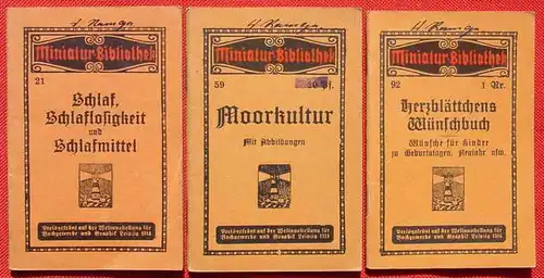 6 x Miniatur-Bibliothek / Schlafmittel, u. a ... () Sechs Buechlein der Reihe Miniatur-Bibliothek zu verschiedenen interessanten Themen (s. scan). Verlag fuer Kunst u. Wissenschaft, Albert Otto Paul, Leipzig um 1914