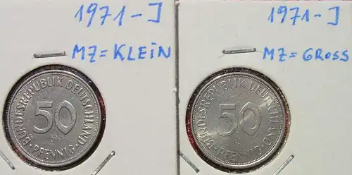 (1047175) Deutschland 2 x 50 Pfennig 1971-J (großes u. kleines Münzzeichen !). Sehr gut erhalten, siehe bitte Bilder u. Beschreibung