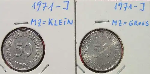 () Deutschland 2 x 50 Pfennig 1971-J (großes u. kleines Münzzeichen !). Sehr gut erhalten, siehe bitte Bilder u. Beschreibung