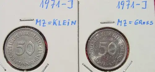 (1047176) Deutschland 2 x 50 Pfennig 1971-J (großes u. kleines Münzzeichen !). Sehr gut erhalten, siehe bitte Bilder u. Beschreibung