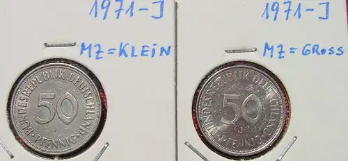 () Deutschland 2 x 50 Pfennig 1971-J (großes u. kleines Münzzeichen !). Sehr gut erhalten, siehe bitte Bilder u. Beschreibung