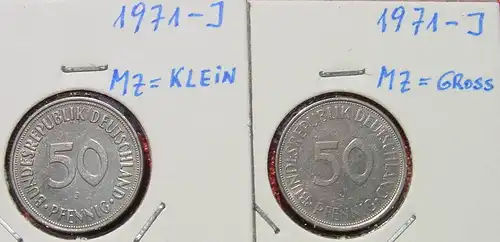 (1047177) Deutschland 2 x 50 Pfennig 1971-J (großes u. kleines Münzzeichen !). Sehr gut erhalten, siehe bitte Bilder u. Beschreibung