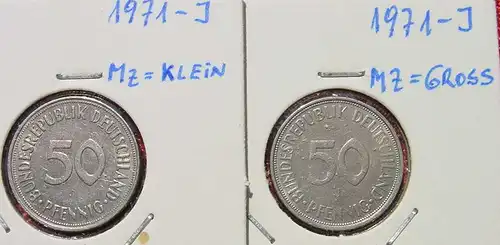 (1047179) Deutschland 2 x 50 Pfennig 1971-J (großes u. kleines Münzzeichen !). Sehr gut erhalten, siehe bitte Bilder u. Beschreibung