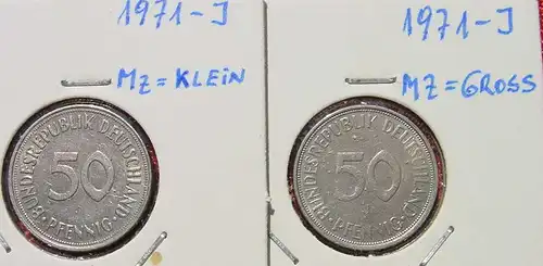 () Deutschland 2 x 50 Pfennig 1971-J (großes u. kleines Münzzeichen !). Sehr gut erhalten, siehe bitte Bilder u. Beschreibung