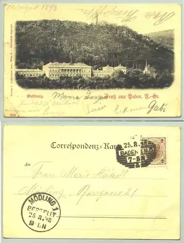 () Ansichstkarte. Gruss aus Baden / Weilburg. Oesterreich. Postalisch gelaufen 1898. Eckknick !