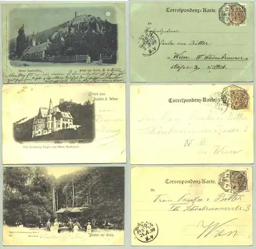 (1030291) 3 hübsche, alte Ansichtskarten von 1899. Baden bei Wien. Österreich. Postalisch gelaufen 1899.
