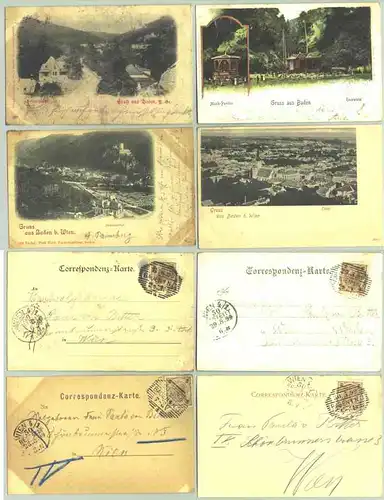 (1030293)  4 Ansichstkarten mit Motiven aus BADEN bei Wien. Oesterreich. Postalisch gelaufen 1899. Zum Teil Flecken