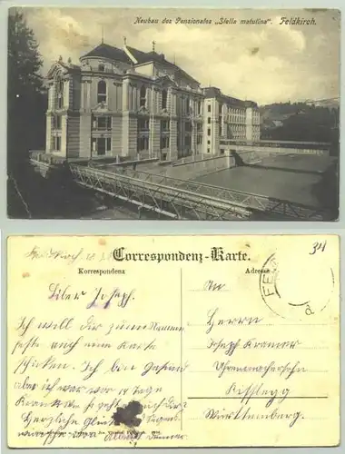 () Ansichstkarte. Neubau des Pensionates 'Stella matutina', Feldkirch. Oesterreich. Postalisch gelaufen, Marke geloest, 1907. Gebrauchsspuren, Eckknick