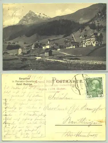 Gargellen Hotel Madrisa Montafon 1909 (1030059) Ansichstkarte. Oesterreich. Montafon-Vorarlberg. Beschrieben u. postalisch gelaufen 1909