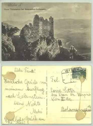 Gleissenfeld-S. () Ansichtskarte. "Ruine Tuerkensturz bei Gleissenfeld-Seebenstein. Postalisch gelaufen 1933 ?