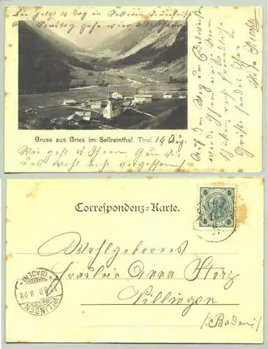 (1030066) Ansichstkarte. Oesterreich. Gruss aus Gries im Sellreinthal. Tirol. Postalisch gelaufen 1901,  leichte Alterungsspuren